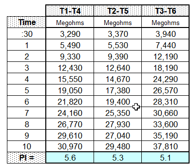 Example Megger and P.I. test results table showing insulation resistance readings over 10 minutes and P.I. ratios for three phases.