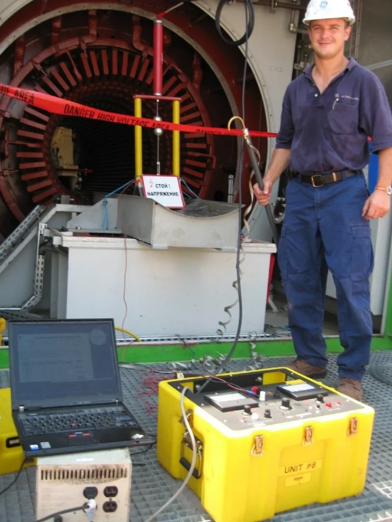 A sphere gap set and DC hipot test equipment arranged on-site during generator insulation testing in Turkmenbashi, Turkmenistan.